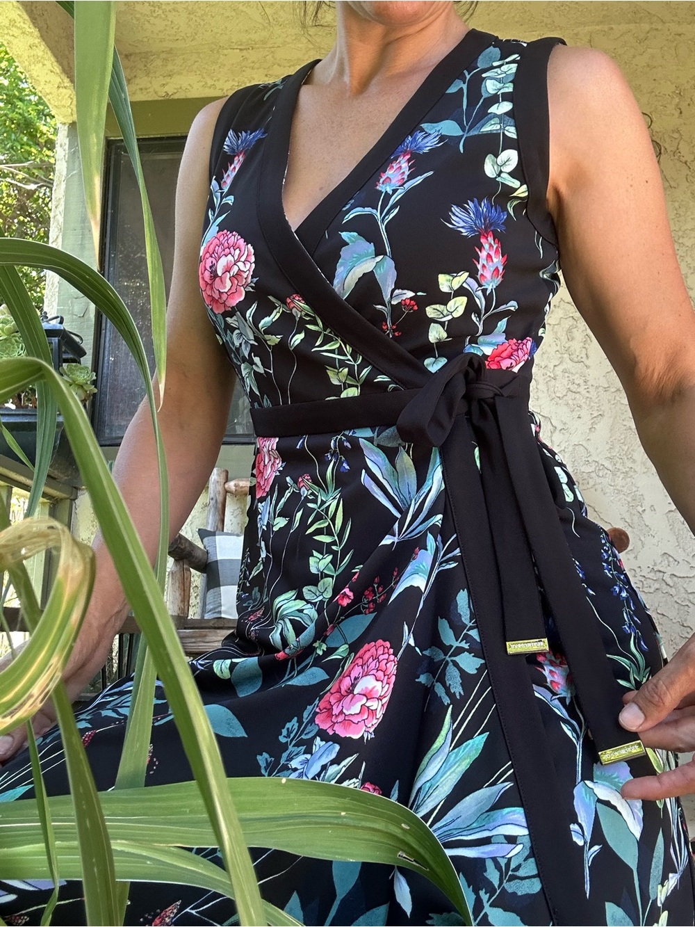 Tommy Hilfiger Black Floral Wrap Midi Dress with Pink Blooms Botanical